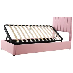 Redom Lit coffre 90 sur 200 cm avec sommier hydraulique tête de lit en lin doux rose pour adultes ou adolescents* Lit Avec Rangement