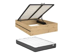 Lit coffre 140 x 190 cm - Coloris : Naturel et noir + Matelas - LUDARO>Vente-unique Hot
