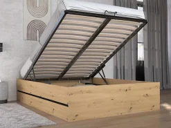 Lit coffre 140 x 190 cm - Coloris : Naturel et noir + Matelas - LUDARO><noscript><img width=