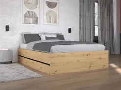 Lit coffre 140 x 190 cm - Coloris : Naturel et noir + Matelas - LUDARO><noscript><img width=