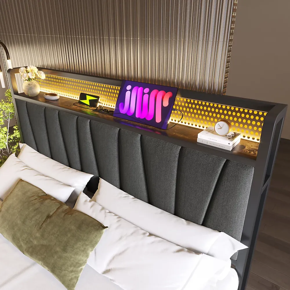 Okwish Lit coffre 140 x 200 cm - Lit adulte avec Tête de Lit LED + USB - Lin + Métal - Sans Matelas - Gris* Lit Coffre