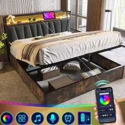 Okwish Lit coffre 140 x 200 cm - Lit adulte avec Tête de Lit LED + USB - Lin + Métal - Sans Matelas - Gris* Lit Coffre