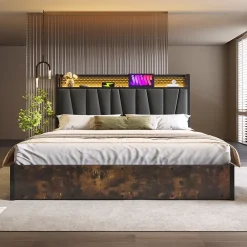Okwish Lit coffre 140 x 200 cm - Lit adulte avec Tête de Lit LED + USB - Lin + Métal - Sans Matelas - Gris* Lit Coffre