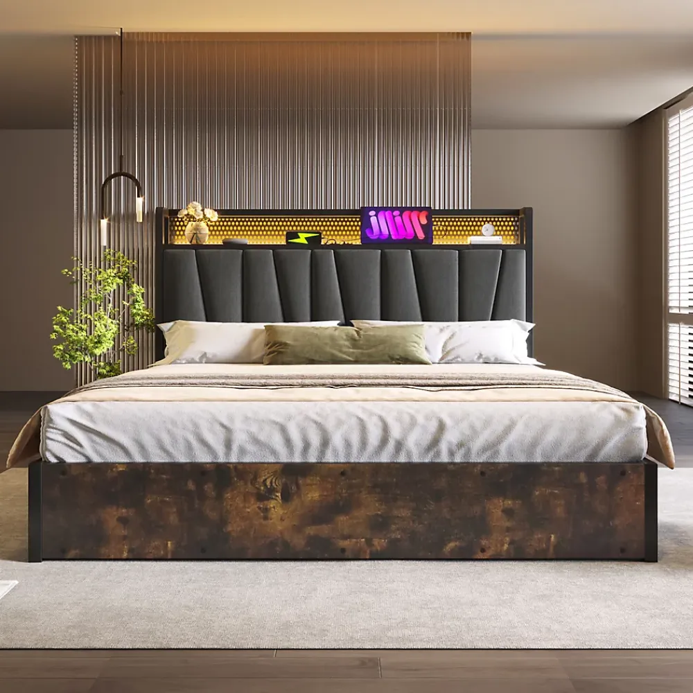 Okwish Lit coffre 140 x 200 cm - Lit adulte avec Tête de Lit LED + USB - Lin + Métal - Sans Matelas - Gris* Lit Coffre