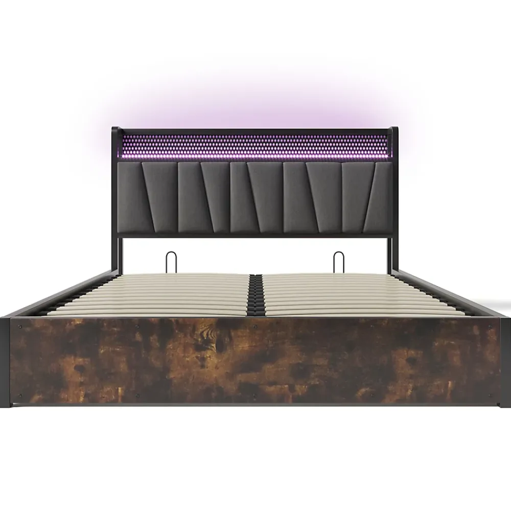 Okwish Lit coffre 140 x 200 cm - Lit adulte avec Tête de Lit LED + USB - Lin + Métal - Sans Matelas - Gris* Lit Coffre