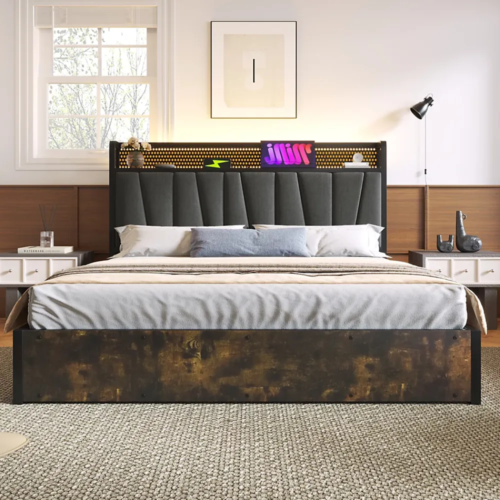 Okwish Lit coffre 140 x 200 cm - Lit adulte avec Tête de Lit LED + USB - Lin + Métal - Sans Matelas - Gris* Lit Coffre