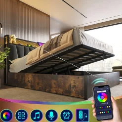 Okwish Lit coffre 180 x 200 cm - Lit adulte avec Tête de Lit LED + USB - Lin + Métal - Sans Matelas - Gris* Lit Coffre