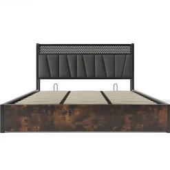 Okwish Lit coffre 180 x 200 cm - Lit adulte avec Tête de Lit LED + USB - Lin + Métal - Sans Matelas - Gris* Lit Coffre