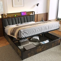 Okwish Lit coffre 180 x 200 cm - Lit adulte avec Tête de Lit LED + USB - Lin + Métal - Sans Matelas - Gris* Lit Coffre