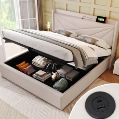 Lit coffre 180 x 200 cm - Lit double capitonné avec USB Type C - Coton et métal - Sans Matelas - Beige>Okwish Clearance