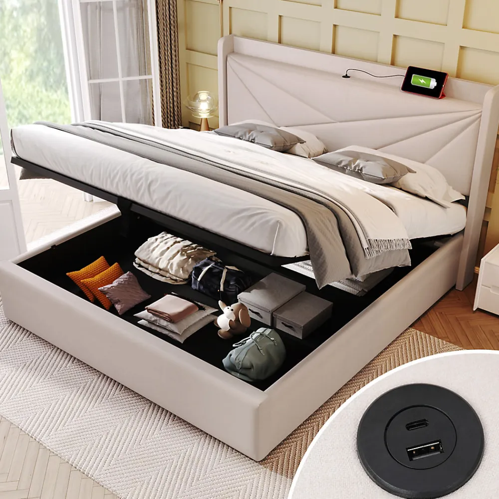 Lit coffre 180 x 200 cm - Lit double capitonné avec USB Type C - Coton et métal - Sans Matelas - Beige>Okwish Clearance