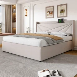 Lit coffre 180 x 200 cm - Lit double capitonné avec USB Type C - Coton et métal - Sans Matelas - Beige>Okwish Clearance