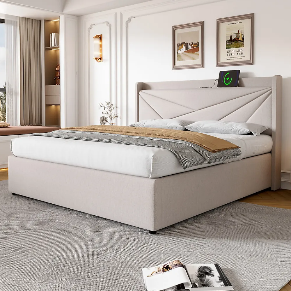 Lit coffre 180 x 200 cm - Lit double capitonné avec USB Type C - Coton et métal - Sans Matelas - Beige>Okwish Clearance