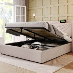Lit coffre 180 x 200 cm - Lit double capitonné avec USB Type C - Coton et métal - Sans Matelas - Beige><noscript><img width=