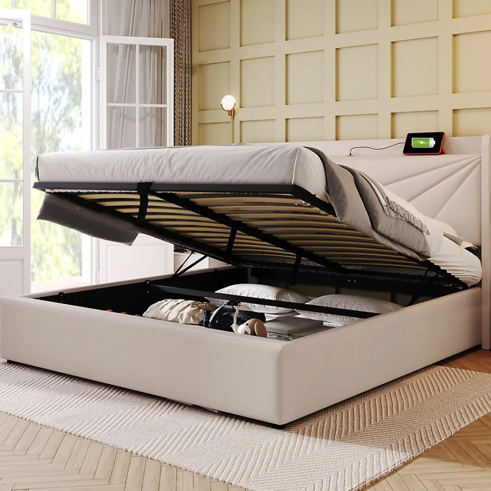 Lit coffre 180 x 200 cm - Lit double capitonné avec USB Type C - Coton et métal - Sans Matelas - Beige>Okwish Clearance