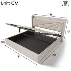 Lit coffre 180 x 200 cm - Lit double capitonné avec USB Type C - Coton et métal - Sans Matelas - Beige><noscript><img width=