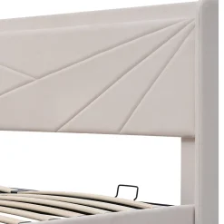 Lit coffre 180 x 200 cm - Lit double capitonné avec USB Type C - Coton et métal - Sans Matelas - Beige><noscript><img width=