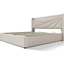 Lit coffre 180 x 200 cm - Lit double capitonné avec USB Type C - Coton et métal - Sans Matelas - Beige><noscript><img width=