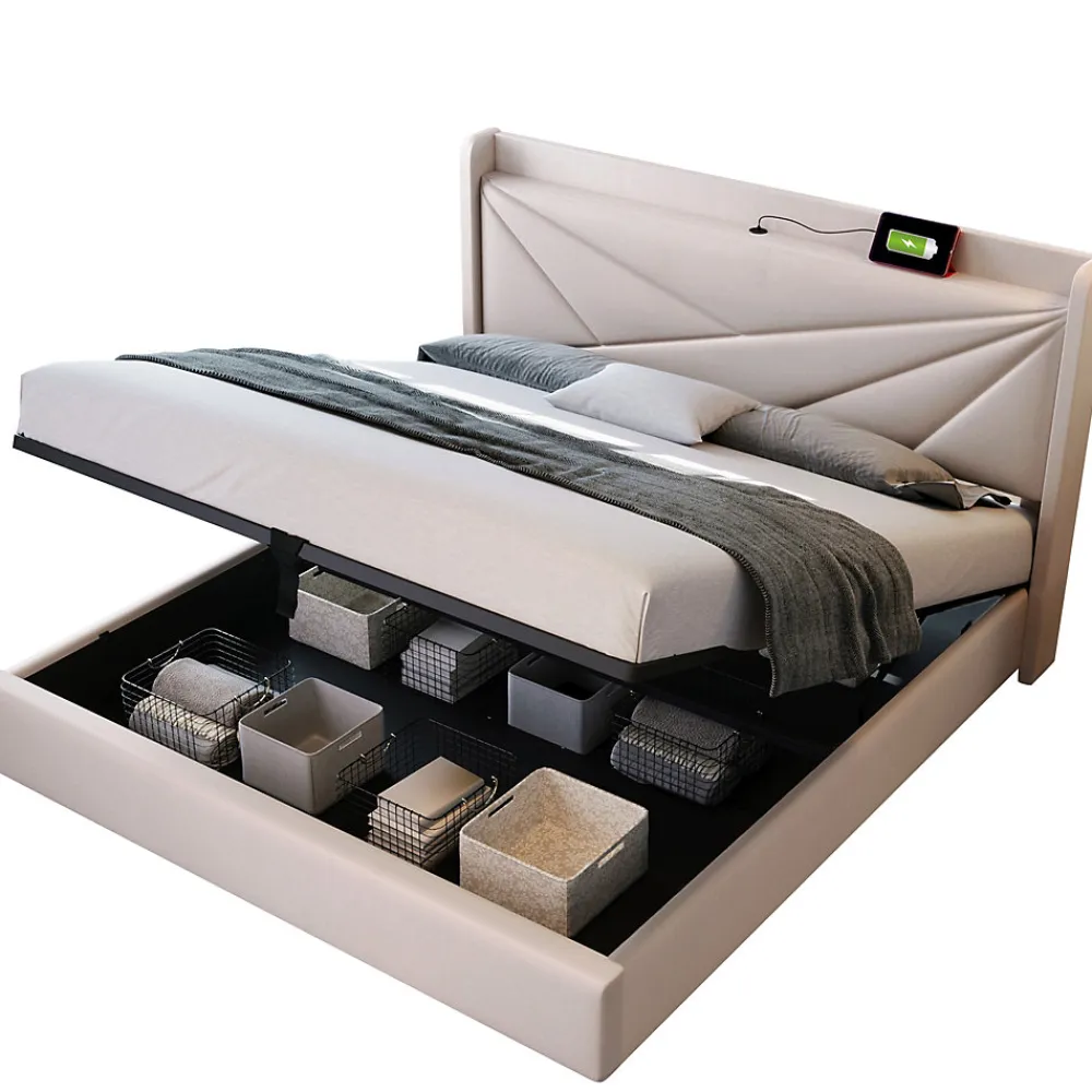 Lit coffre 180 x 200 cm - Lit double capitonné avec USB Type C - Coton et métal - Sans Matelas - Beige>Okwish Clearance