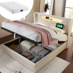 Lit coffre 160 x 200 cm - Lit double avec USB Type-C + LED - Lin - avec Matelas - Beige>Okwish Hot