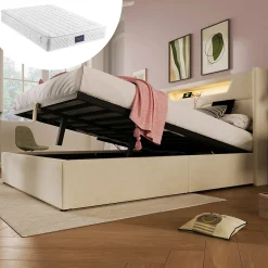 Lit coffre 160 x 200 cm - Lit double avec USB Type-C + LED - Lin - avec Matelas - Beige><noscript><img width=