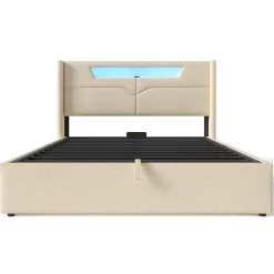 Lit coffre 160 x 200 cm - Lit double avec USB Type-C + LED - Lin - avec Matelas - Beige><noscript><img width=