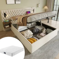 Lit coffre 160 x 200 cm - Lit double avec 2 tables de chevet et lampe de lecture - Velours - avec Matelas - Beige>Okwish Discount