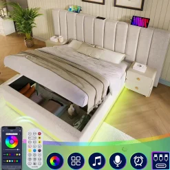 Generique Lit Coffre 180 x 200 Cm - Lit Double Capitonné avec LED et Charge USB-C - Métal, Lin, Bois Massif - Sans Matelas - Beige* Lit Coffre