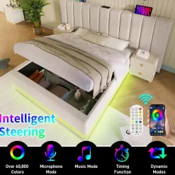 Generique Lit Coffre 180 x 200 Cm - Lit Double Capitonné avec LED et Charge USB-C - Métal, Lin, Bois Massif - Sans Matelas - Beige* Lit Coffre