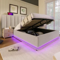 Generique Lit Coffre 180 x 200 Cm - Lit Double Capitonné avec LED et Charge USB-C - Métal, Lin, Bois Massif - Sans Matelas - Beige* Lit Coffre