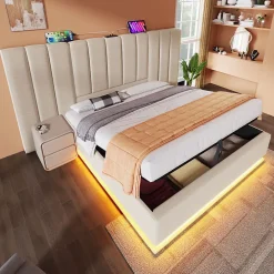 Generique Lit Coffre 180 x 200 Cm - Lit Double Capitonné avec LED et Charge USB-C - Métal, Lin, Bois Massif - Sans Matelas - Beige* Lit Coffre