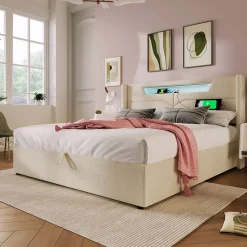 Generique Lit coffre 140 x 200 cm - Lit double avec USB Type-C + Éclairage LED - Lin - Sans Matelas - Beige* Lit Coffre