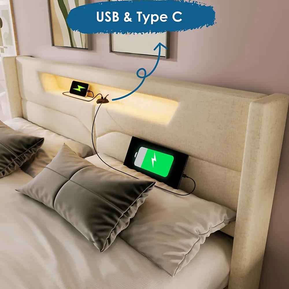 Generique Lit coffre 140 x 200 cm - Lit double avec USB Type-C + Éclairage LED - Lin - Sans Matelas - Beige* Lit Coffre