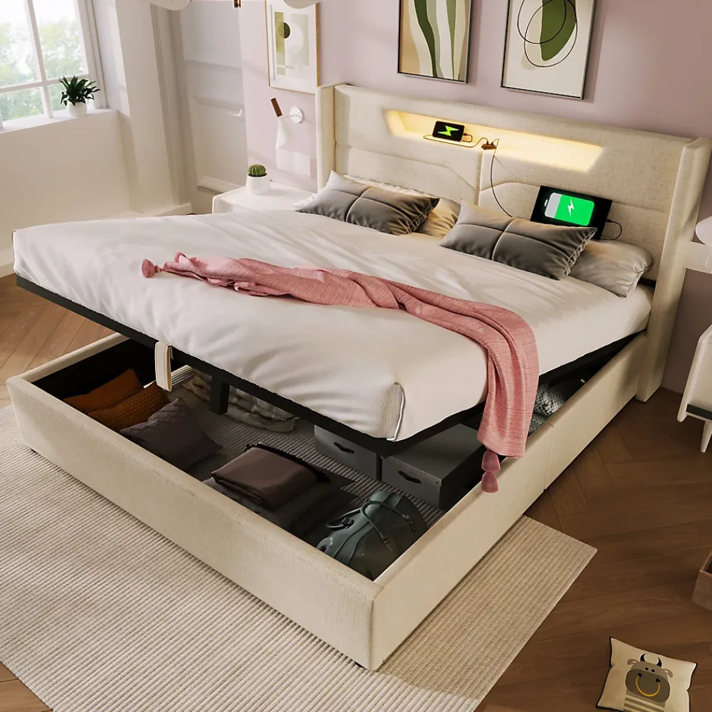 Generique Lit coffre 140 x 200 cm - Lit double avec USB Type-C + Éclairage LED - Lin - Sans Matelas - Beige* Lit Coffre