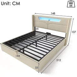 Generique Lit coffre 140 x 200 cm - Lit double avec USB Type-C + Éclairage LED - Lin - Sans Matelas - Beige* Lit Coffre