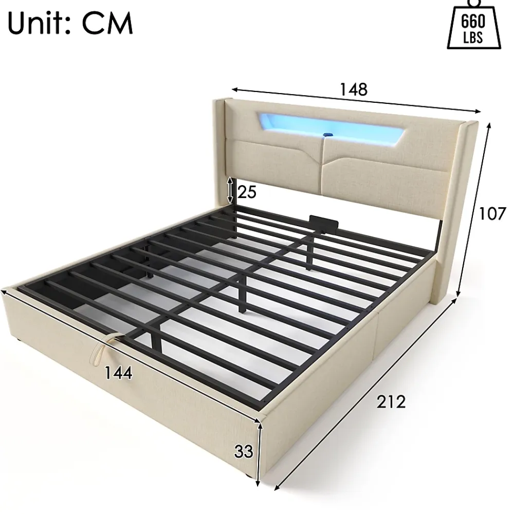 Generique Lit coffre 140 x 200 cm - Lit double avec USB Type-C + Éclairage LED - Lin - Sans Matelas - Beige* Lit Coffre