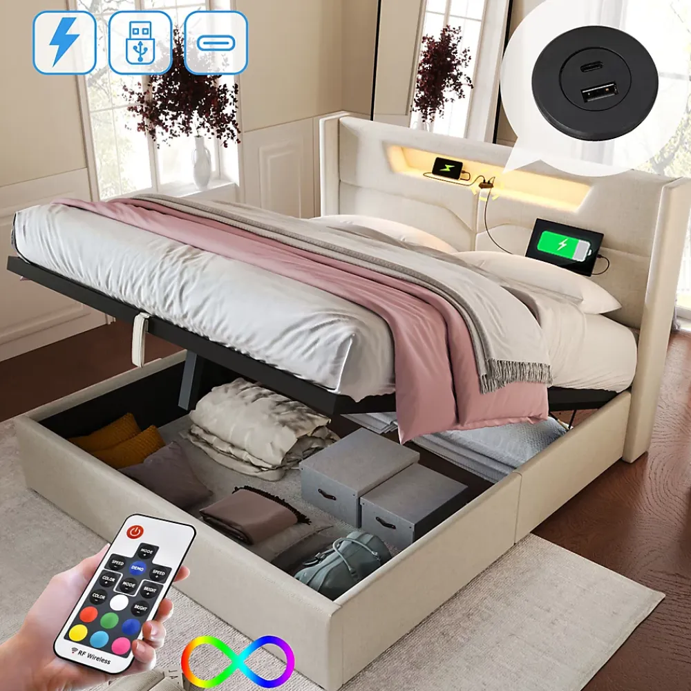 Generique Lit coffre 140 x 200 cm - Lit double avec USB Type-C + Éclairage LED - Lin - Sans Matelas - Beige* Lit Coffre