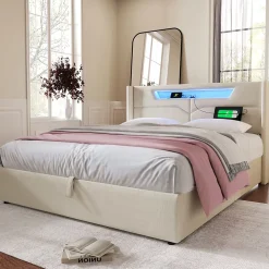 Generique Lit coffre 140 x 200 cm - Lit double avec USB Type-C + Éclairage LED - Lin - Sans Matelas - Beige* Lit Coffre