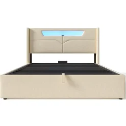 Generique Lit coffre 140 x 200 cm - Lit double avec USB Type-C + Éclairage LED - Lin - Sans Matelas - Beige* Lit Coffre