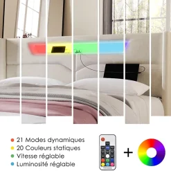 Generique Lit coffre 140 x 200 cm - Lit double avec USB Type-C + Éclairage LED - Lin - Sans Matelas - Beige* Lit Coffre