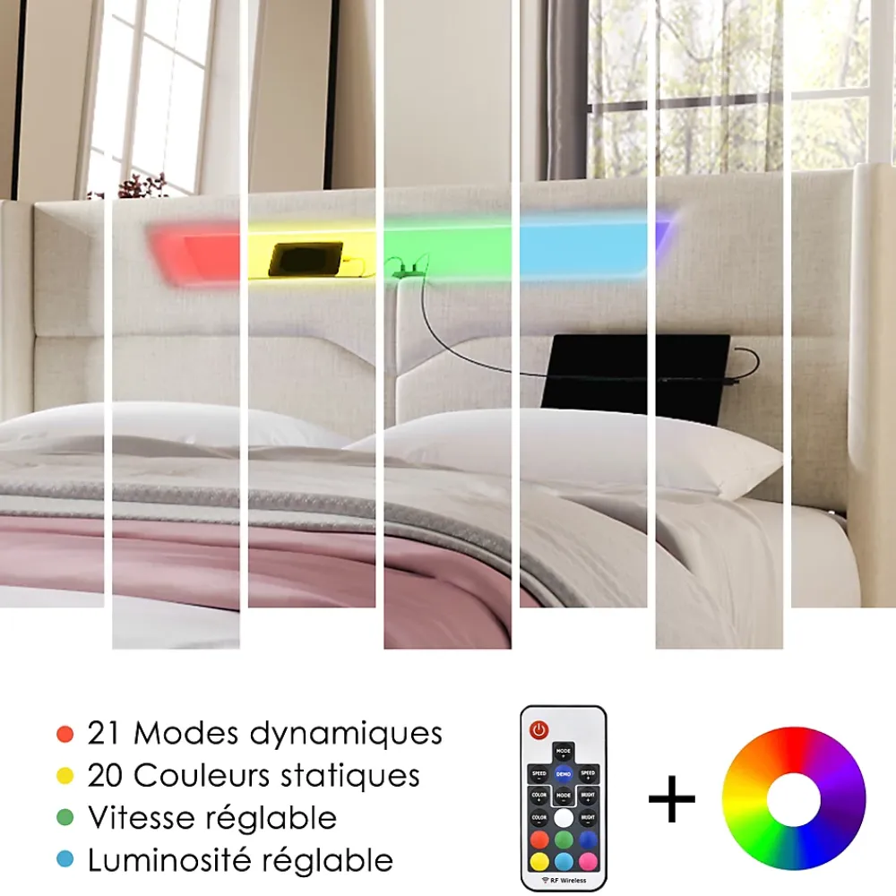 Generique Lit coffre 140 x 200 cm - Lit double avec USB Type-C + Éclairage LED - Lin - Sans Matelas - Beige* Lit Coffre