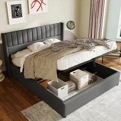 Generique Lit coffre 180 x 200 cm - Lit Double avec Sommier à Lattes - Lin Bois Métal - Sans Matelas - Gris* Lit Coffre