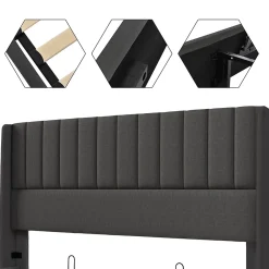 Generique Lit coffre 180 x 200 cm - Lit Double avec Sommier à Lattes - Lin Bois Métal - Sans Matelas - Gris* Lit Coffre