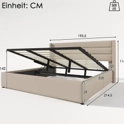 Okwish Lit Coffre 180 x 200 cm - Lit Double avec Grand Espace de Rangement - Structure en Lin et Métal - Sans Matelas - Beige* Lit Coffre