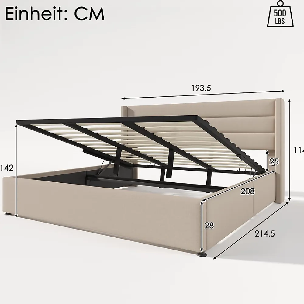 Okwish Lit Coffre 180 x 200 cm - Lit Double avec Grand Espace de Rangement - Structure en Lin et Métal - Sans Matelas - Beige* Lit Coffre