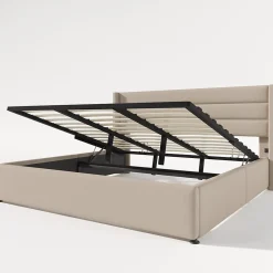 Okwish Lit Coffre 180 x 200 cm - Lit Double avec Grand Espace de Rangement - Structure en Lin et Métal - Sans Matelas - Beige* Lit Coffre