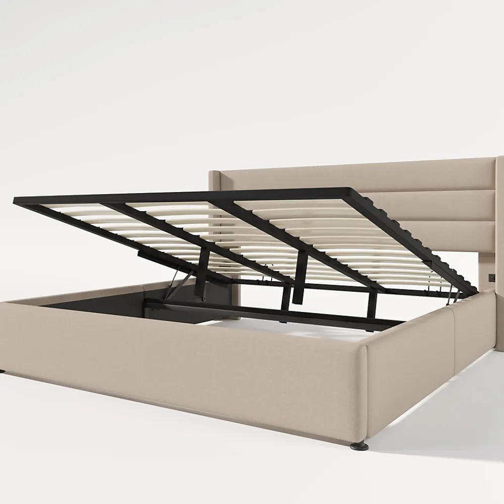 Okwish Lit Coffre 180 x 200 cm - Lit Double avec Grand Espace de Rangement - Structure en Lin et Métal - Sans Matelas - Beige* Lit Coffre
