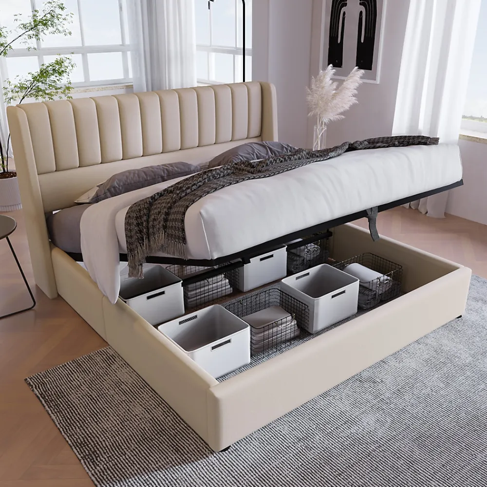 Lit coffre 180 x 200 cm - Lit Double avec Sommier à Lattes - Lin Bois Métal - Sans Matelas - Beige>Generique Online