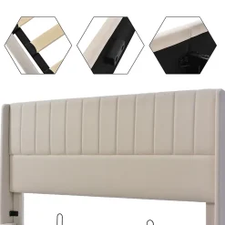 Lit coffre 180 x 200 cm - Lit Double avec Sommier à Lattes - Lin Bois Métal - Sans Matelas - Beige><noscript><img width=