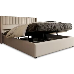 Lit coffre 180 x 200 cm - Lit Double avec Sommier à Lattes - Lin Bois Métal - Sans Matelas - Beige><noscript><img width=